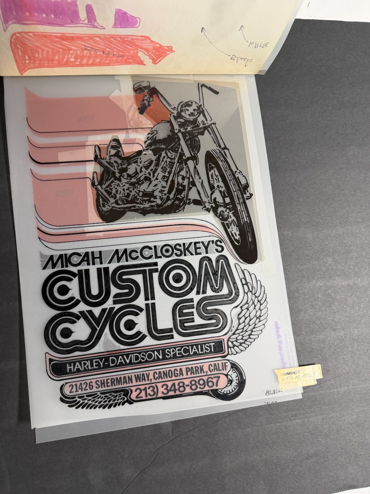 Vintage "Micah McCloskey's Custom Cycles" Motorcycle Advertising Mechanical Art