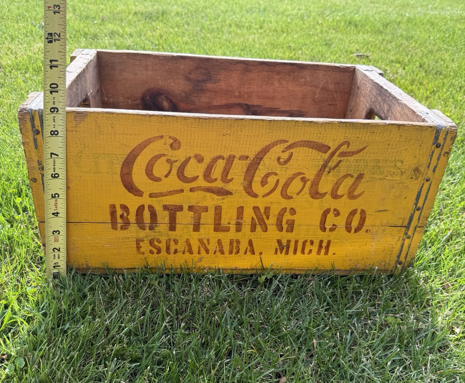 Coca-Cola Vintage Wooden Bottle Carrier Crate w/ Dividers Escanaba MI Yellow Coca-Cola Vintage Wooden Bottle Carrier Crate w/ Dividers Escanaba MI Yellow