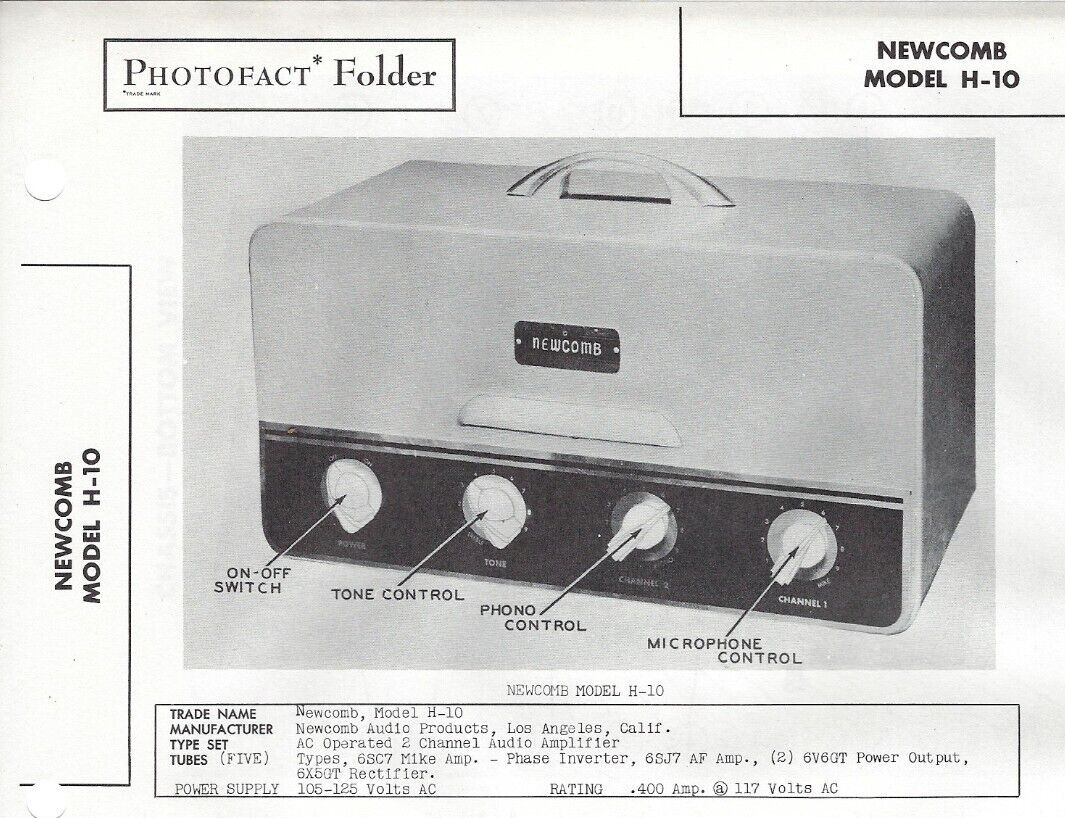 1947 Newcomb H-10 Amplifier Tube Amp Photofact Service Schematic Repair Manual 1947 Newcomb H-10 Amplifier Tube Amp Photofact Service Schematic Repair Manual