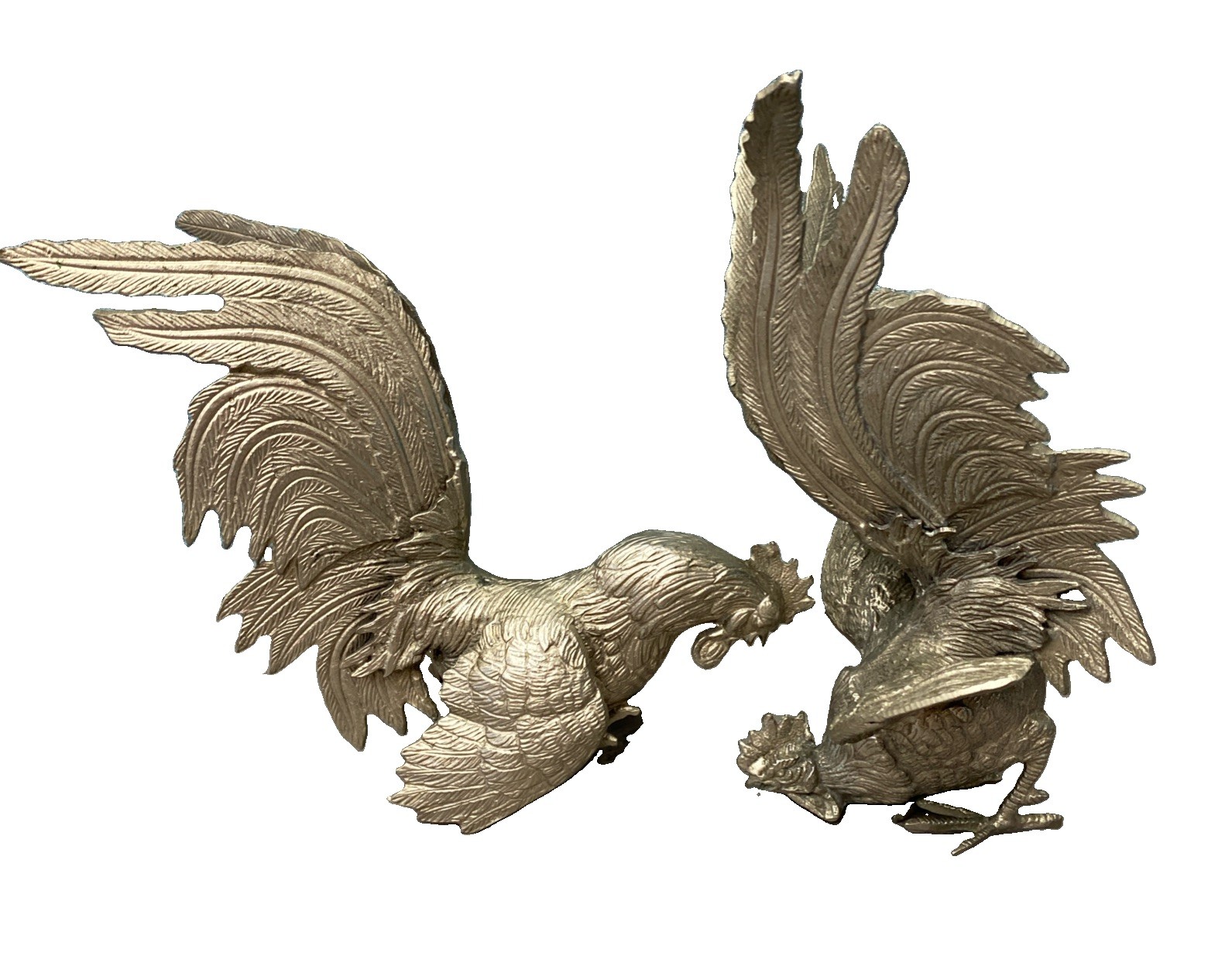 Vintage Pair Brass Fighting Cocks Roosters Mid Century Detailed Heavy Birds Vintage Pair Brass Fighting Cocks Roosters Mid Century Detailed Heavy Birds