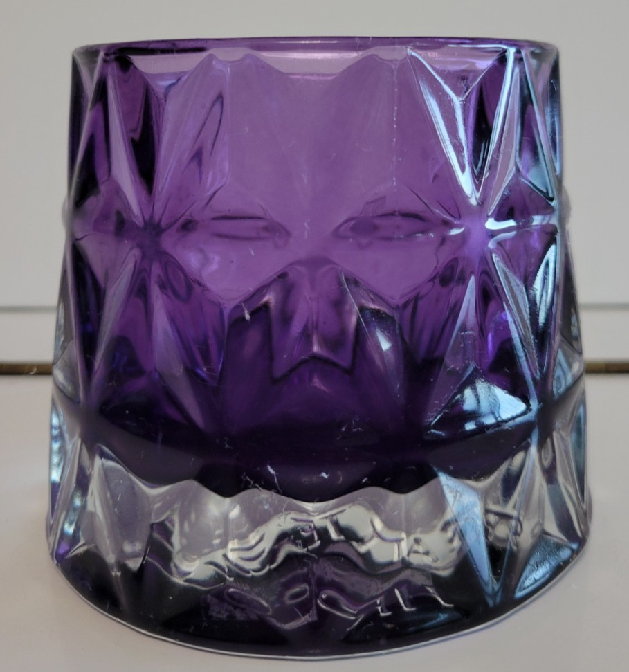 THICK GLASS ROBERT STANLEY PURPLE VIOLET ROUND CANDLE HOLDER 3.25 INCHES THICK GLASS ROBERT STANLEY PURPLE VIOLET ROUND CANDLE HOLDER 3.25 INCHES