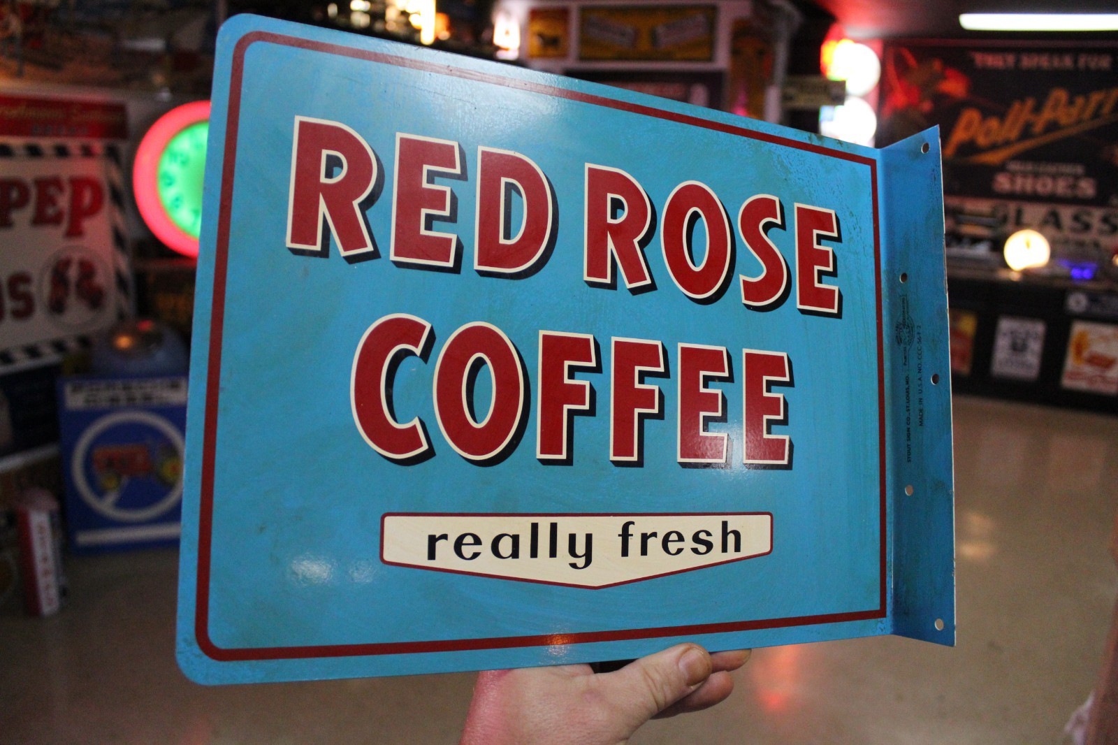 RARE 1950s RED ROSE COFFEE PAINTED METAL 2-SIDED FLANGE SIGN KITCHEN CAFE DINER RARE 1950s RED ROSE COFFEE PAINTED METAL 2-SIDED FLANGE SIGN KITCHEN CAFE DINER