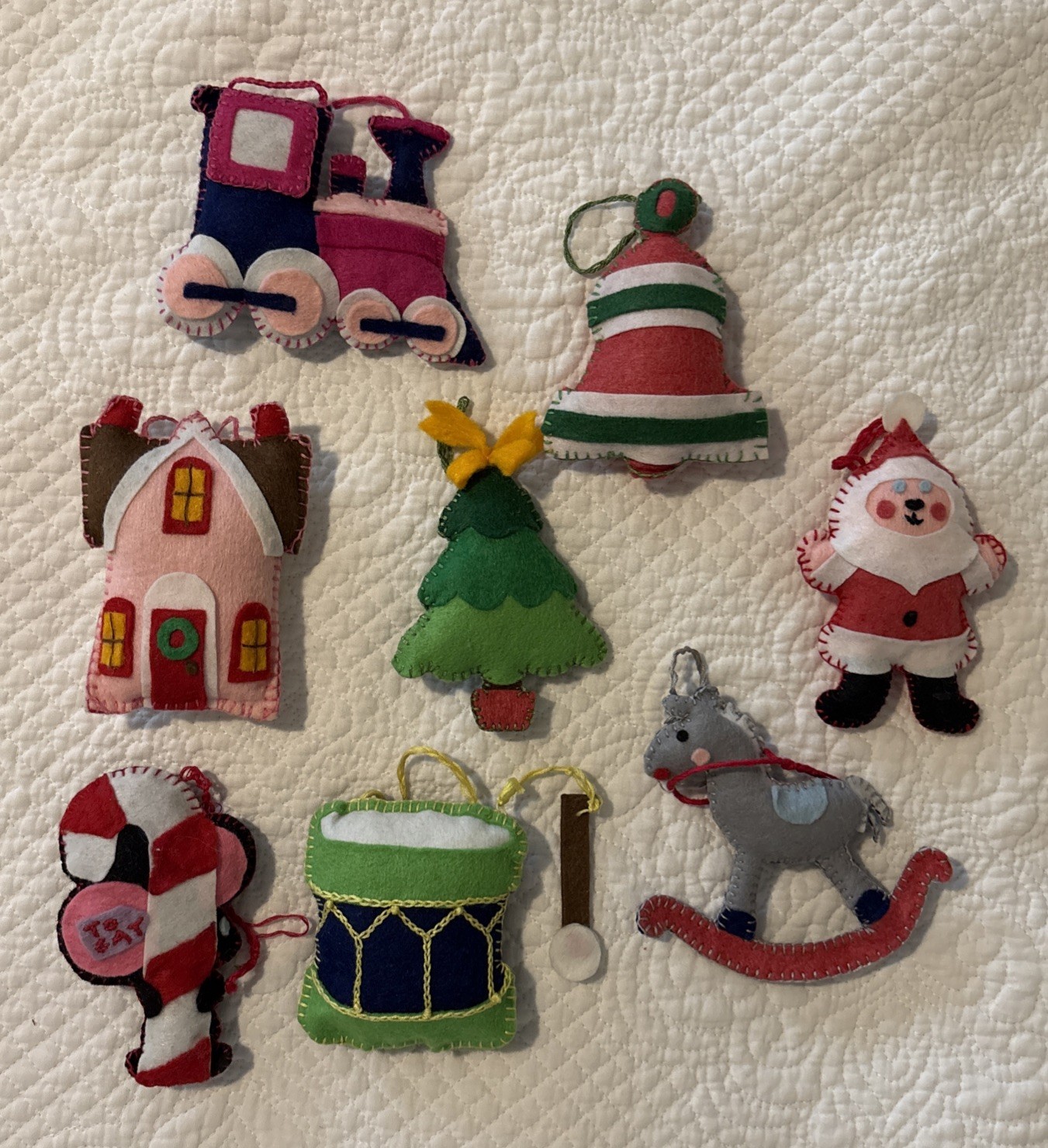 Lot 8 Vintage Handmade Felt Christmas Ornaments Embroidered Holiday Decor
