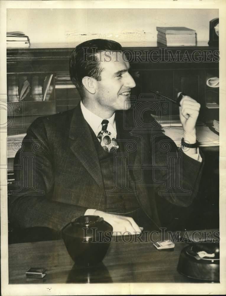 1946 Press Photo John Rockefeller III shown at his desk - lrx49657 1946 Press Photo John Rockefeller III shown at his desk - lrx49657