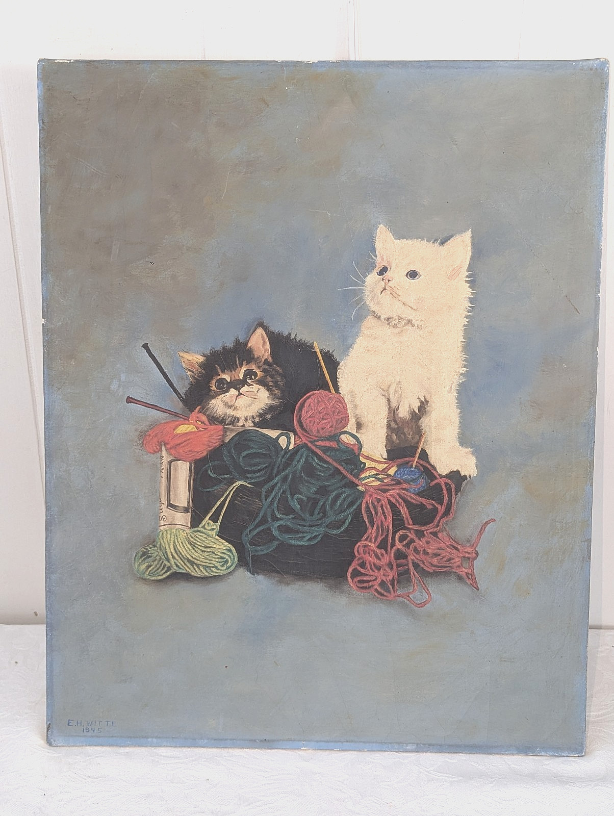 Vintage Antique Kittens Cat Painting Signed & Dated