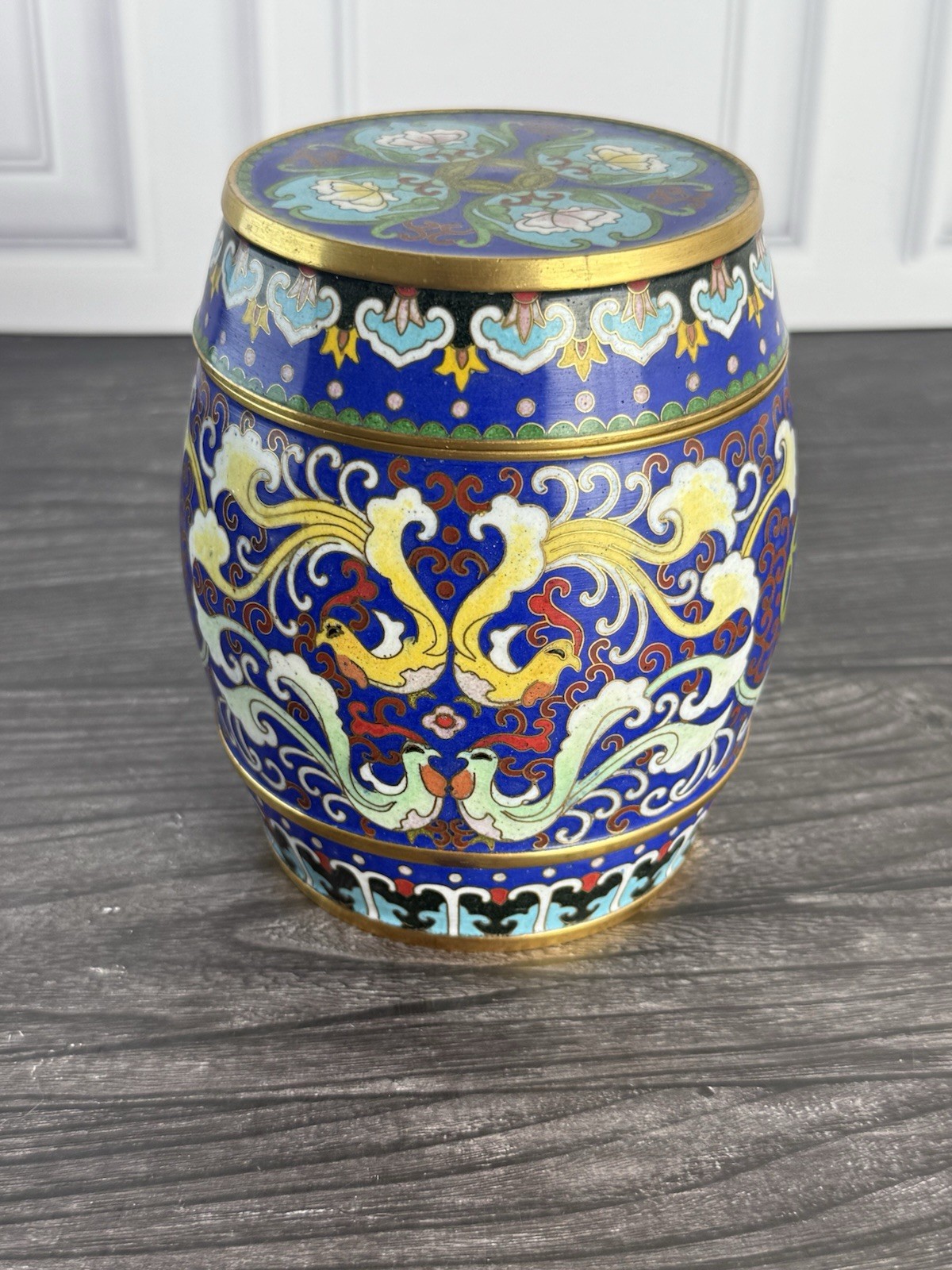 Vintage Chinese Cloisonne Enamel Lidded Jar Tea Caddy Birds Floral Blue 5.25” Vintage Chinese Cloisonne Enamel Lidded Jar Tea Caddy Birds Floral Blue 5.25”