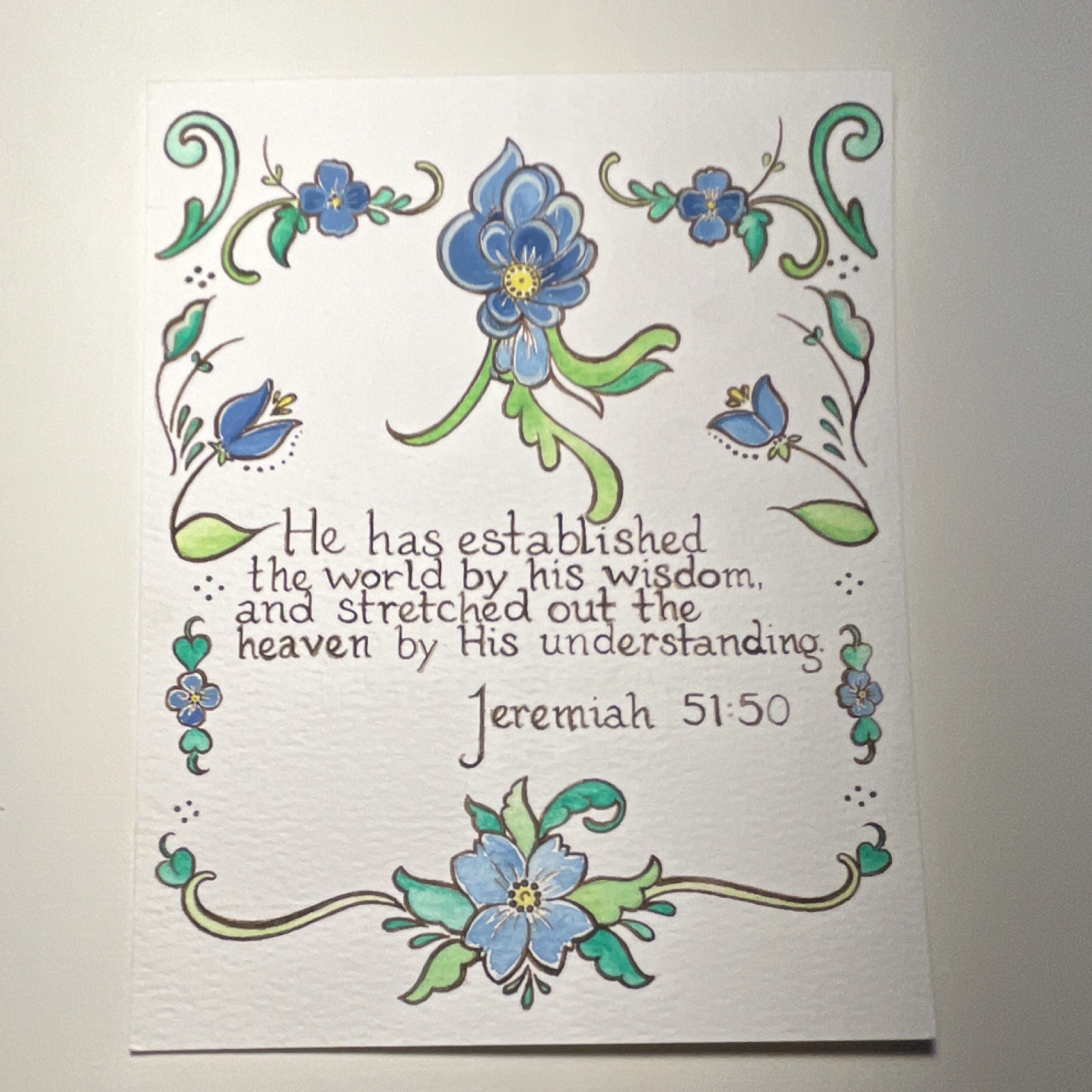 Vintage folk art styled, hand painted Bible Verse Jeremiah 51:50 Blue Floral Vintage folk art styled, hand painted Bible Verse Jeremiah 51:50 Blue Floral