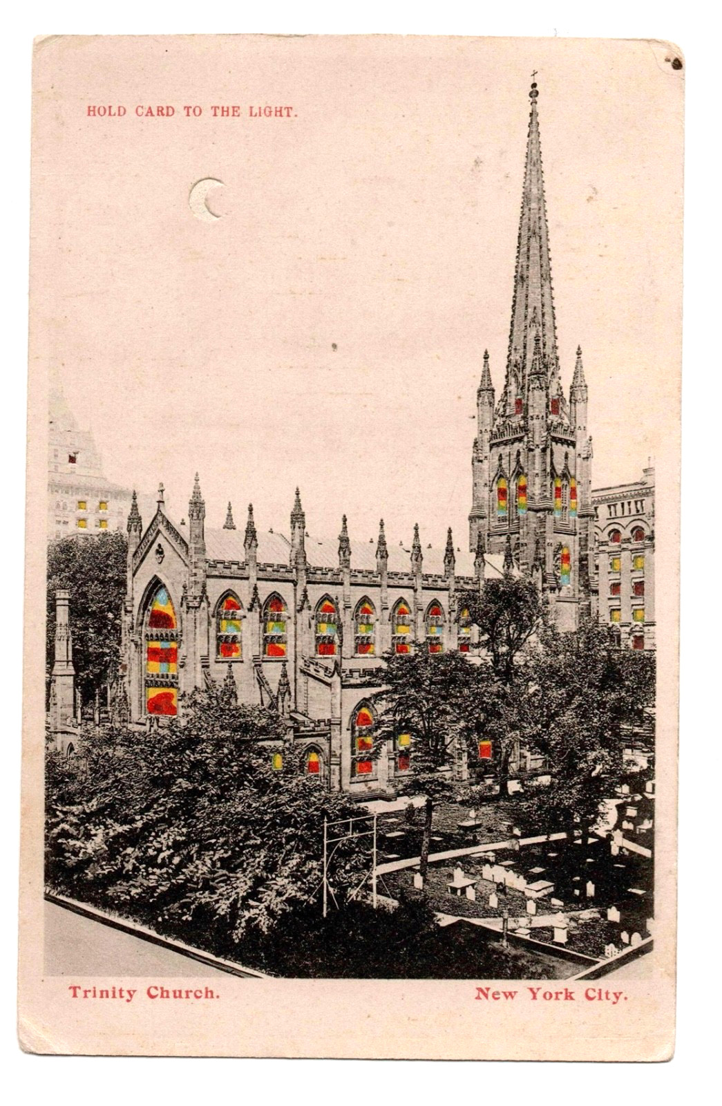 Vintage Trinity Church NYC Hold To The Light HTTL Postcard Graveyard Vintage Trinity Church NYC Hold To The Light HTTL Postcard Graveyard