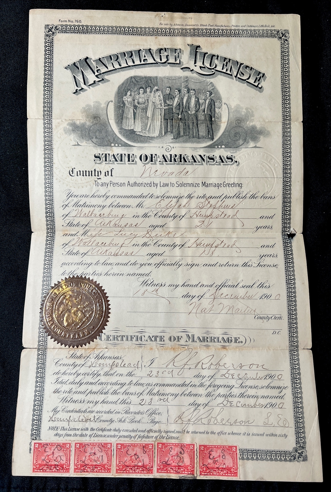 Vtg 1900 Victorian MARRIAGE LICENSE Nevada County ARKANSAS Tax Stamps Vtg 1900 Victorian MARRIAGE LICENSE Nevada County ARKANSAS Tax Stamps