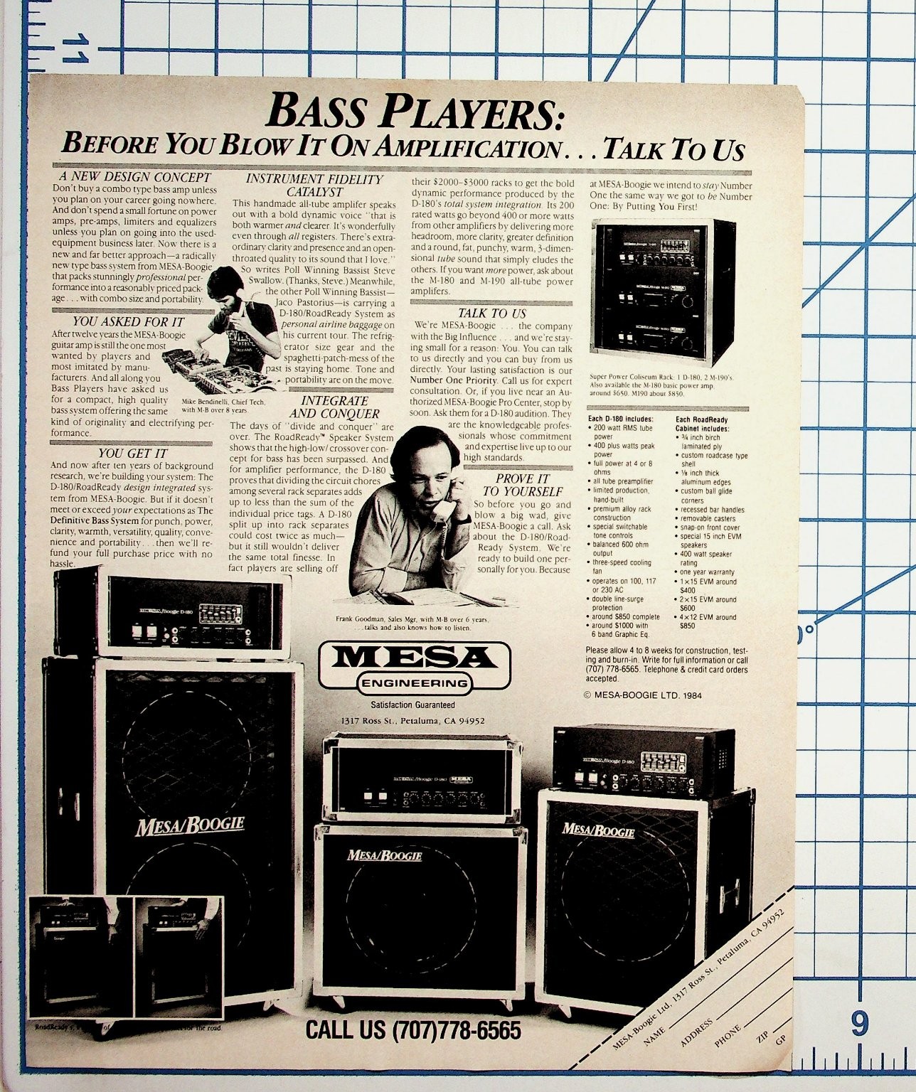 1984 Mesa Boogie Bass Amp Ad Jaco Pastorius D-180 RoadReady System Petaluma CA 1984 Mesa Boogie Bass Amp Ad Jaco Pastorius D-180 RoadReady System Petaluma CA