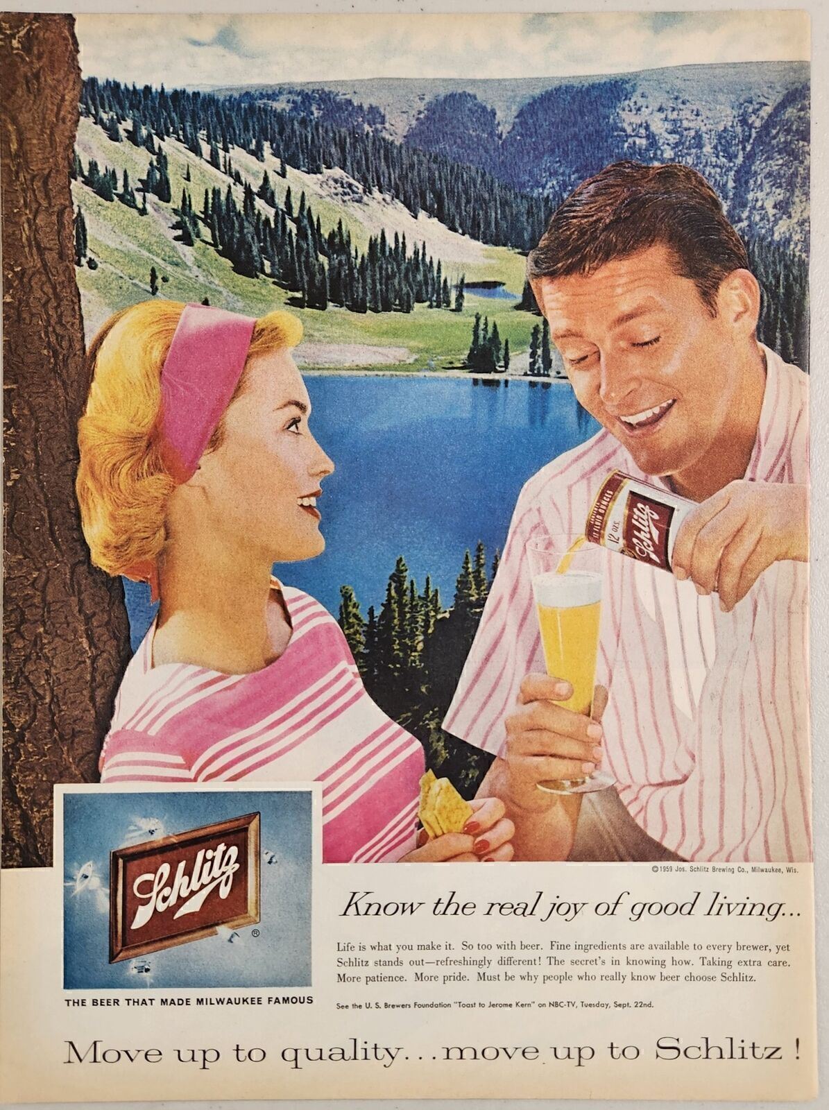 1959 Print Ad Schlitz Beer Couple Drink a Glass by Lake & Mountains 1959 Print Ad Schlitz Beer Couple Drink a Glass by Lake & Mountains