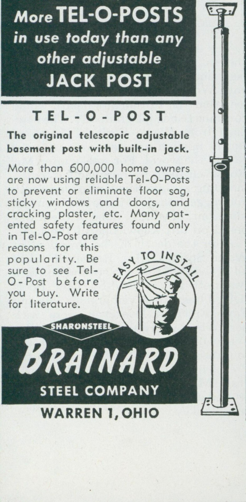 1949 Tel O Post Built In Jack Telescopic Brainard Steel Vintage Print Ad SP17
