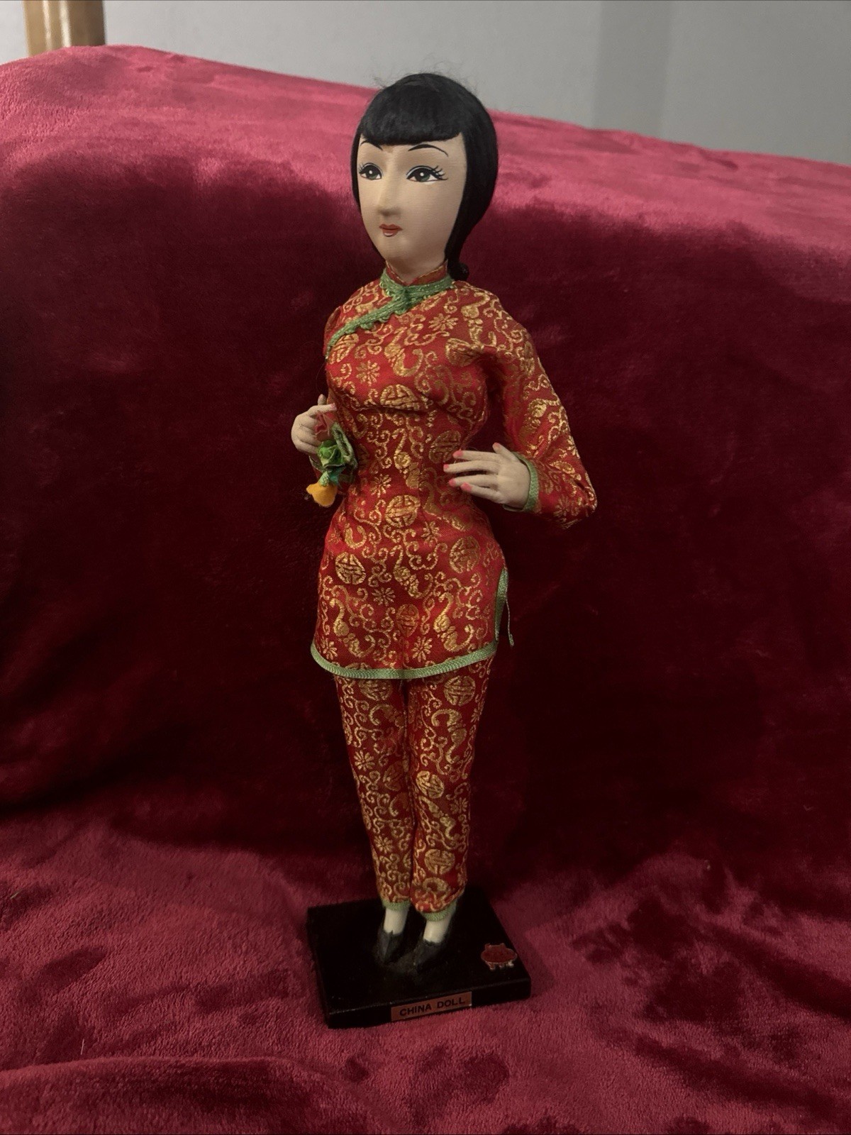 Vintage Taiwan Chinese Doll 14” Red Gold Brocade Folk Art Costume Stand