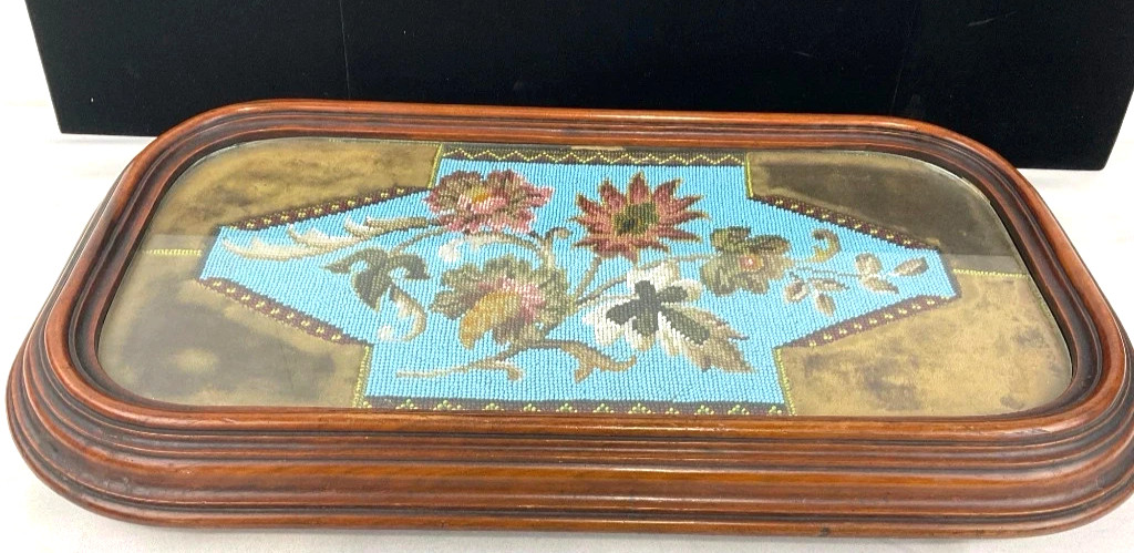 Fine Antique Victorian Beaded Silk Tea Serving Tray Caddy 1850-1880 Fine Antique Victorian Beaded Silk Tea Serving Tray Caddy 1850-1880