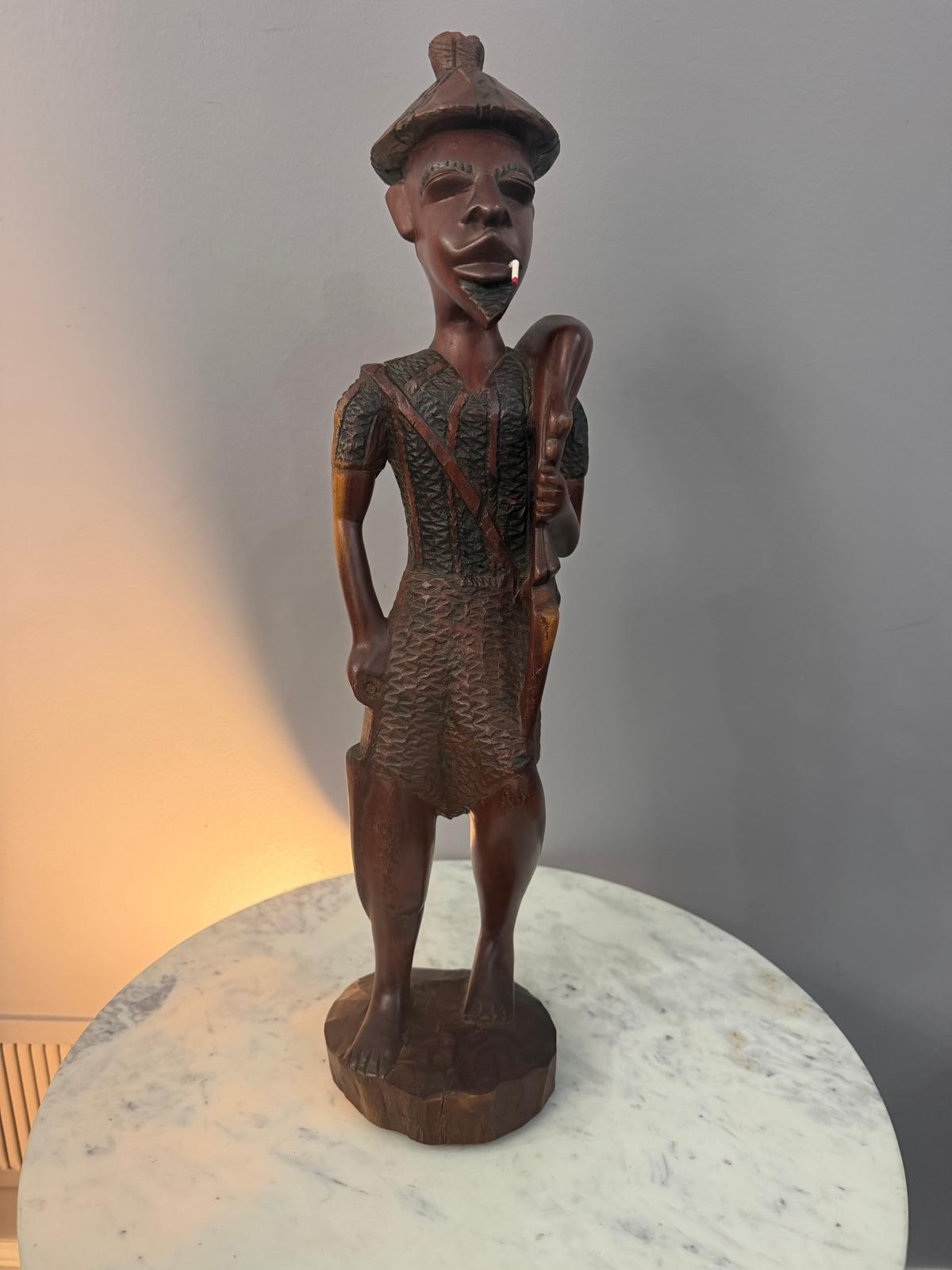 Vtg Handcrafted African Tribal Wooden Sculpture with Textured Clothing & Hat 21"