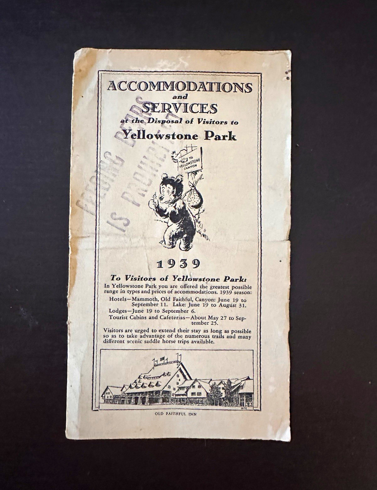 1939 Yellowstone National Park Accommodations & Services Brochure w/ Map 1939 Yellowstone National Park Accommodations & Services Brochure w/ Map