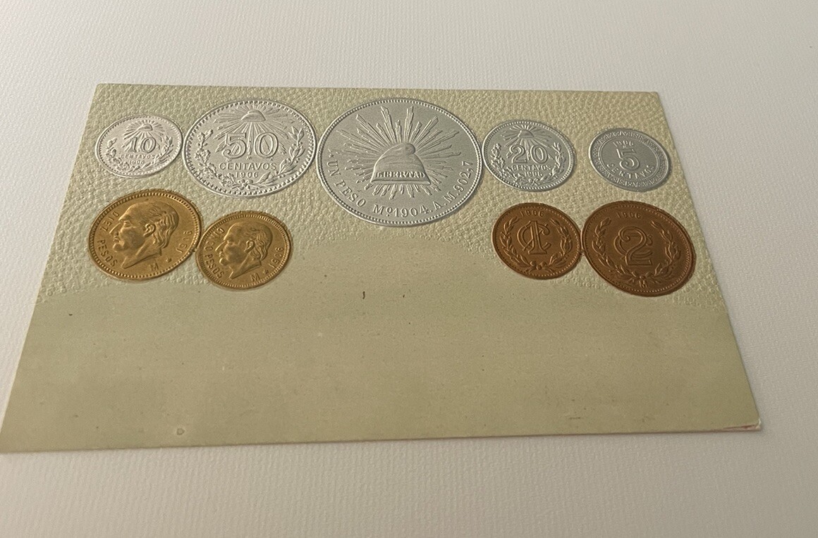 Embossed coinage national flag & coins Vtg postcard currency Republica Mexicana