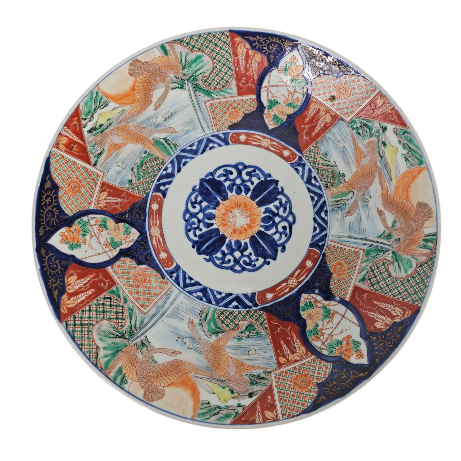 VTG Japanese Imari Porcelain Charger Crane Panel Plate Arita Meiji Era 16" VTG Japanese Imari Porcelain Charger Crane Panel Plate Arita Meiji Era 16"