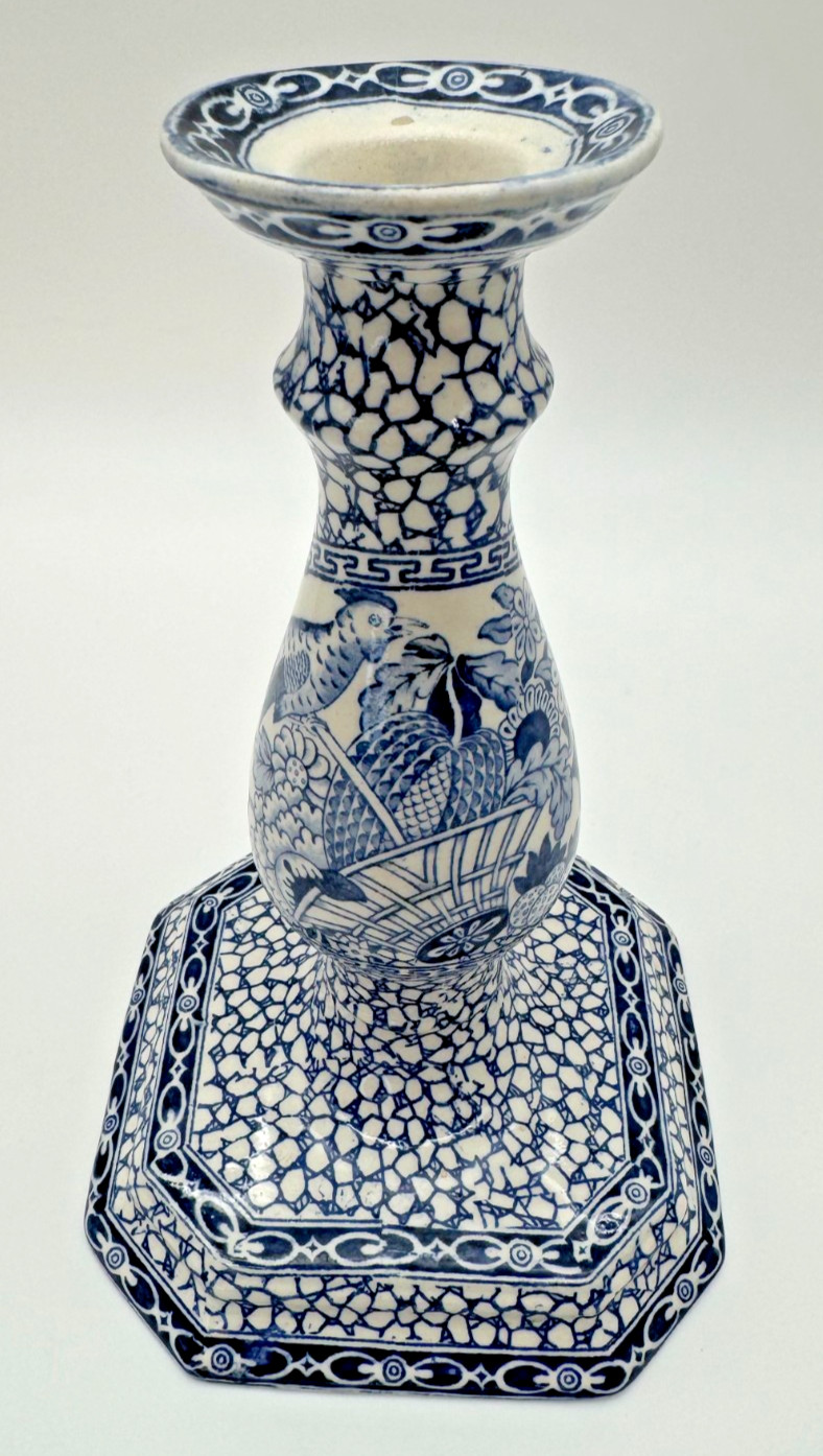 RARE Antique William Adams Chinese Bird Blue White Candlestick Holder c.1913 9" RARE Antique William Adams Chinese Bird Blue White Candlestick Holder c.1913 9"