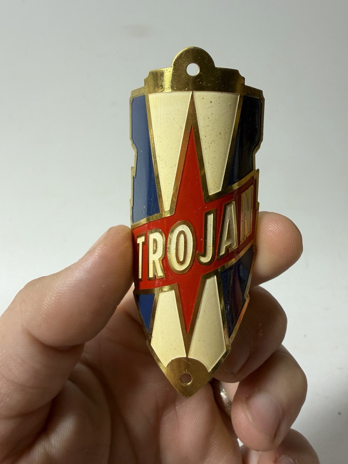 Vintage TROJAN Bicycle Head Badge Emblem Tag Sign Art Deco Starburst Design Vintage TROJAN Bicycle Head Badge Emblem Tag Sign Art Deco Starburst Design