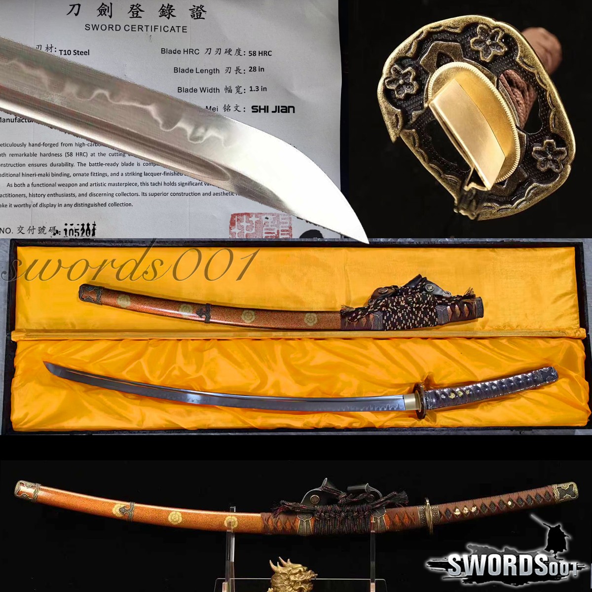 41'' Handmade Japanese Authentic Tachi Sword T10 Steel Clay Tempered Katana
