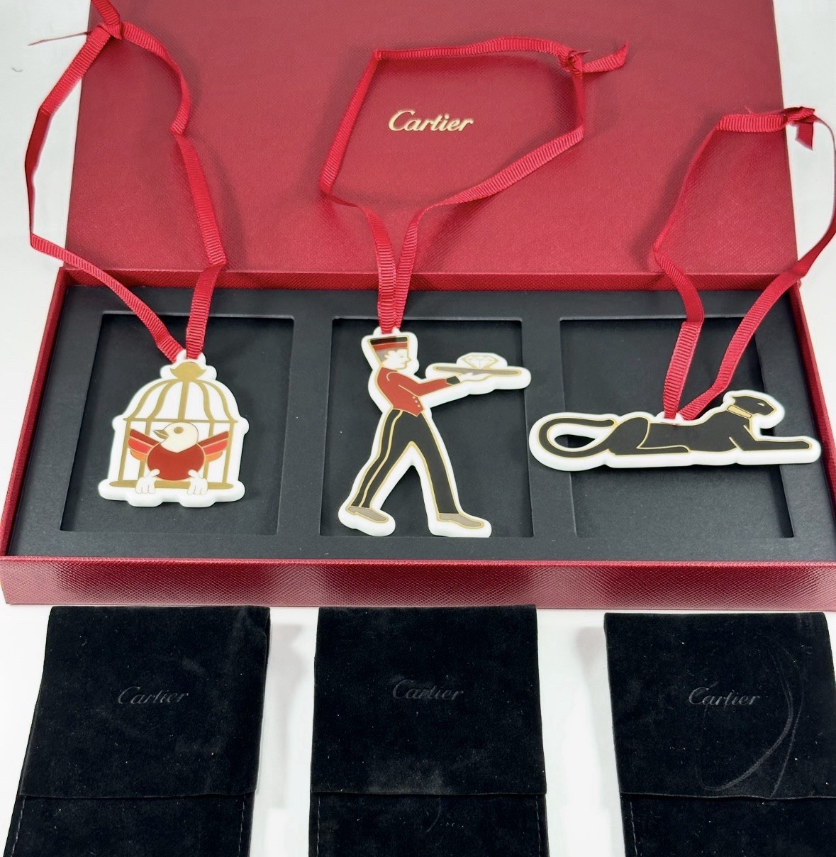 Authentic Cartier Diabolo Porcelain Christmas Ornaments Set 3 Complete Box. NEW