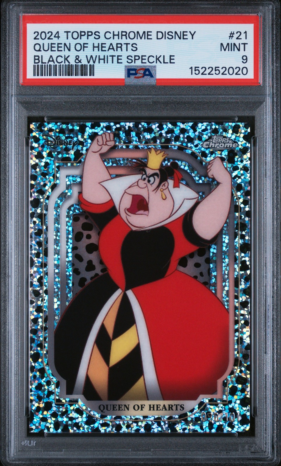 2024 Topps Chrome Disney #21 Queen Of Hearts Black & White Speckle PSA 9