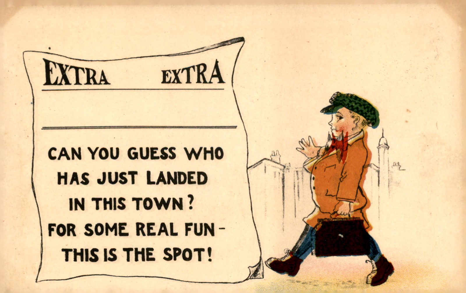 Mystery Visitor Arrives in Town for Fun Postcard Mystery Visitor Arrives in Town for Fun Postcard