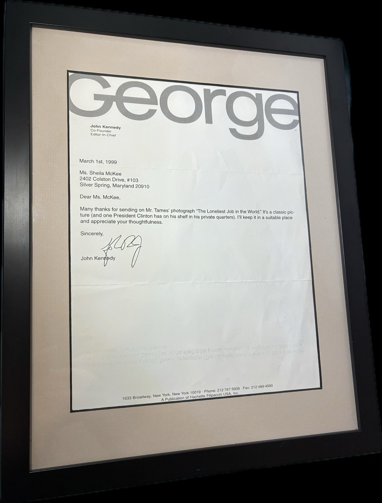 JFK Jr Signed Letter George Magazine Clinton JFK Oval Office Photo JSA LOA Frame