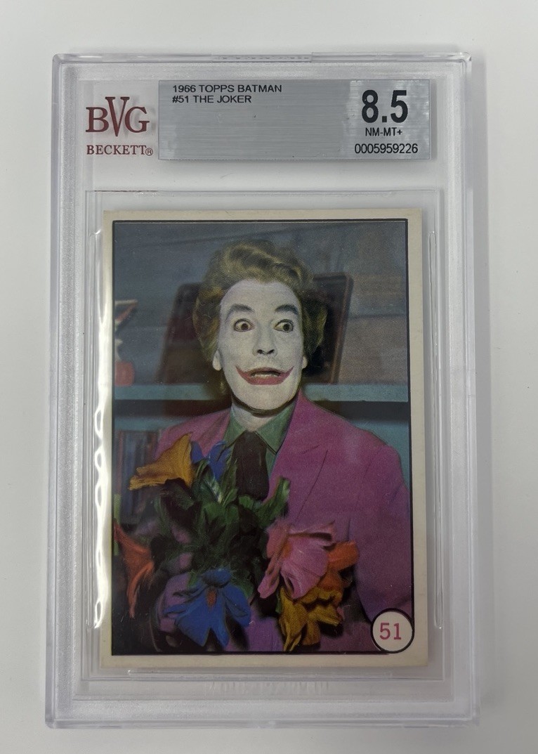Original 1966 Topps Batman Bat Laffs THE JOKER Trading Card #51 BVG Graded 8.5 Original 1966 Topps Batman Bat Laffs THE JOKER Trading Card #51 BVG Graded 8.5