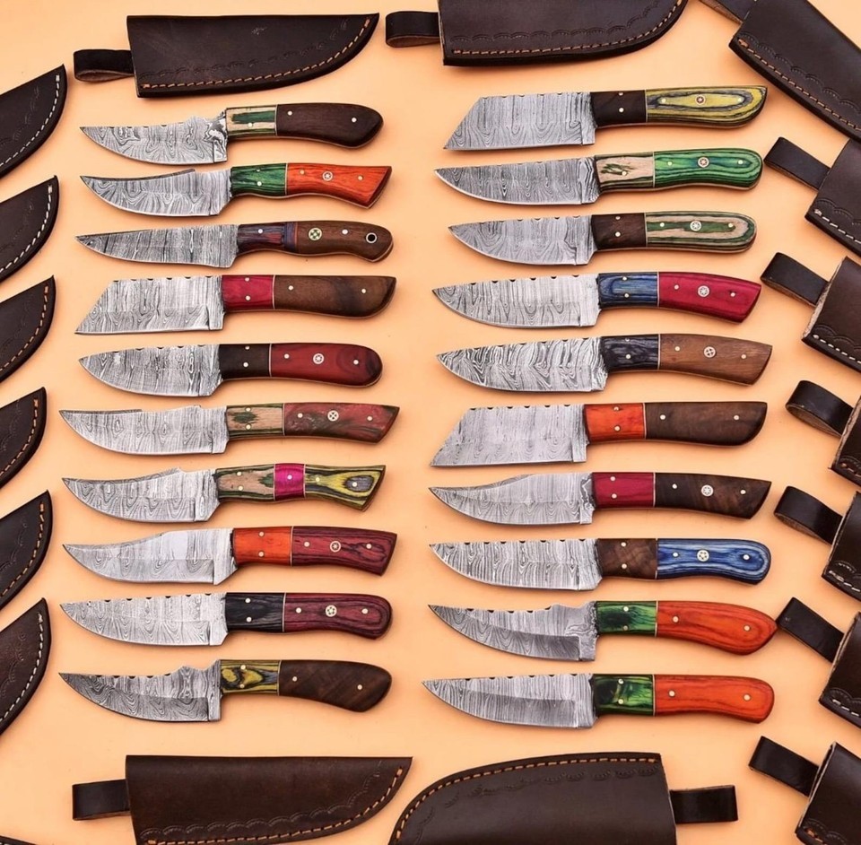 Lot of 20 Pcs Custom made Damascus steel skinner Pakka Wood Handle/Sheath Lot of 20 Pcs Custom made Damascus steel skinner Pakka Wood Handle/Sheath