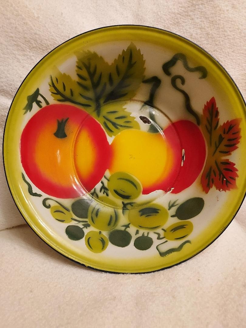 Vintage Enamelware Bowl, Fruit Design, 12" x 3.5", Antique Wear Visible