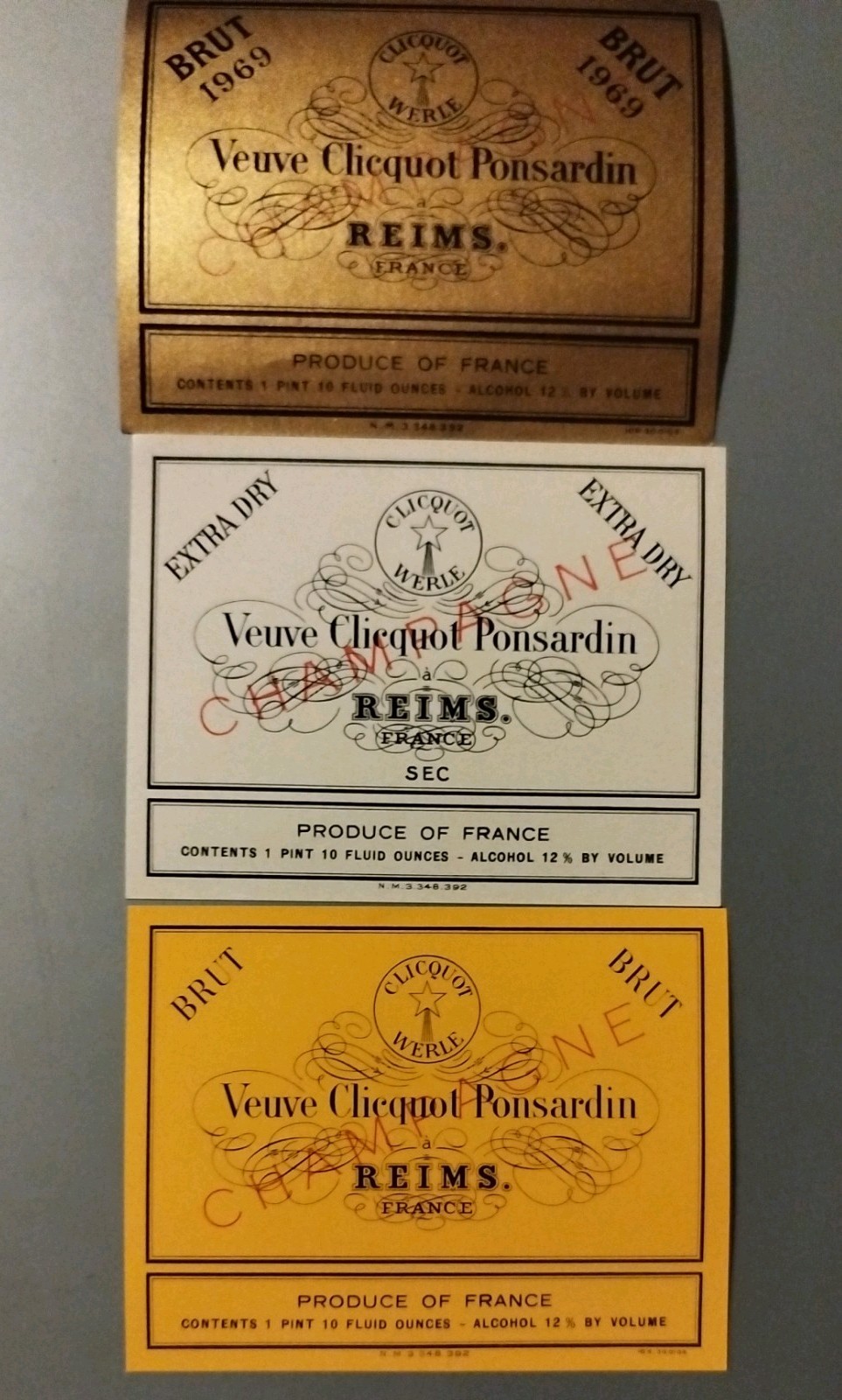 Lot of 3 Vintage Veuve Clicquot Champagne Labels-NOS Specimens 1969 Vintage Brut Lot of 3 Vintage Veuve Clicquot Champagne Labels-NOS Specimens 1969 Vintage Brut
