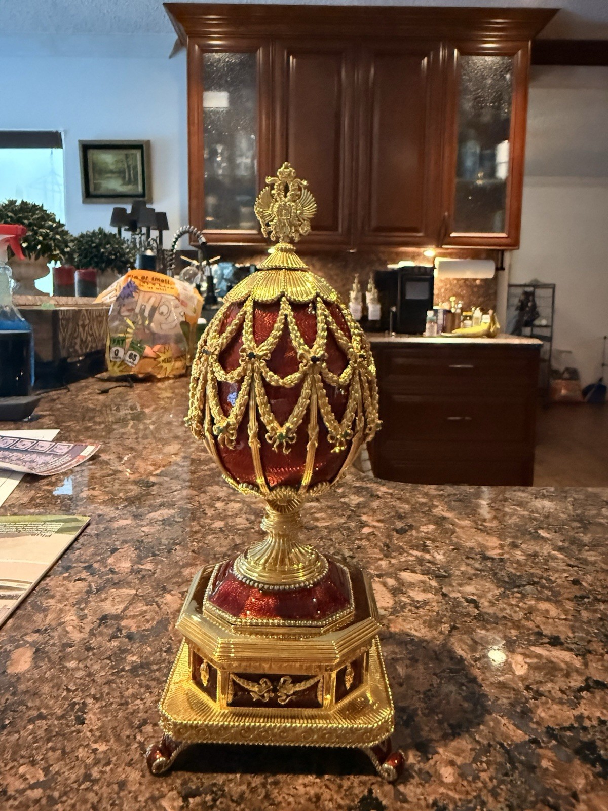 The Franklin Mint House of Fabergé Imperial Eggs 150th anniversary jeweled egg. The Franklin Mint House of Fabergé Imperial Eggs 150th anniversary jeweled egg.