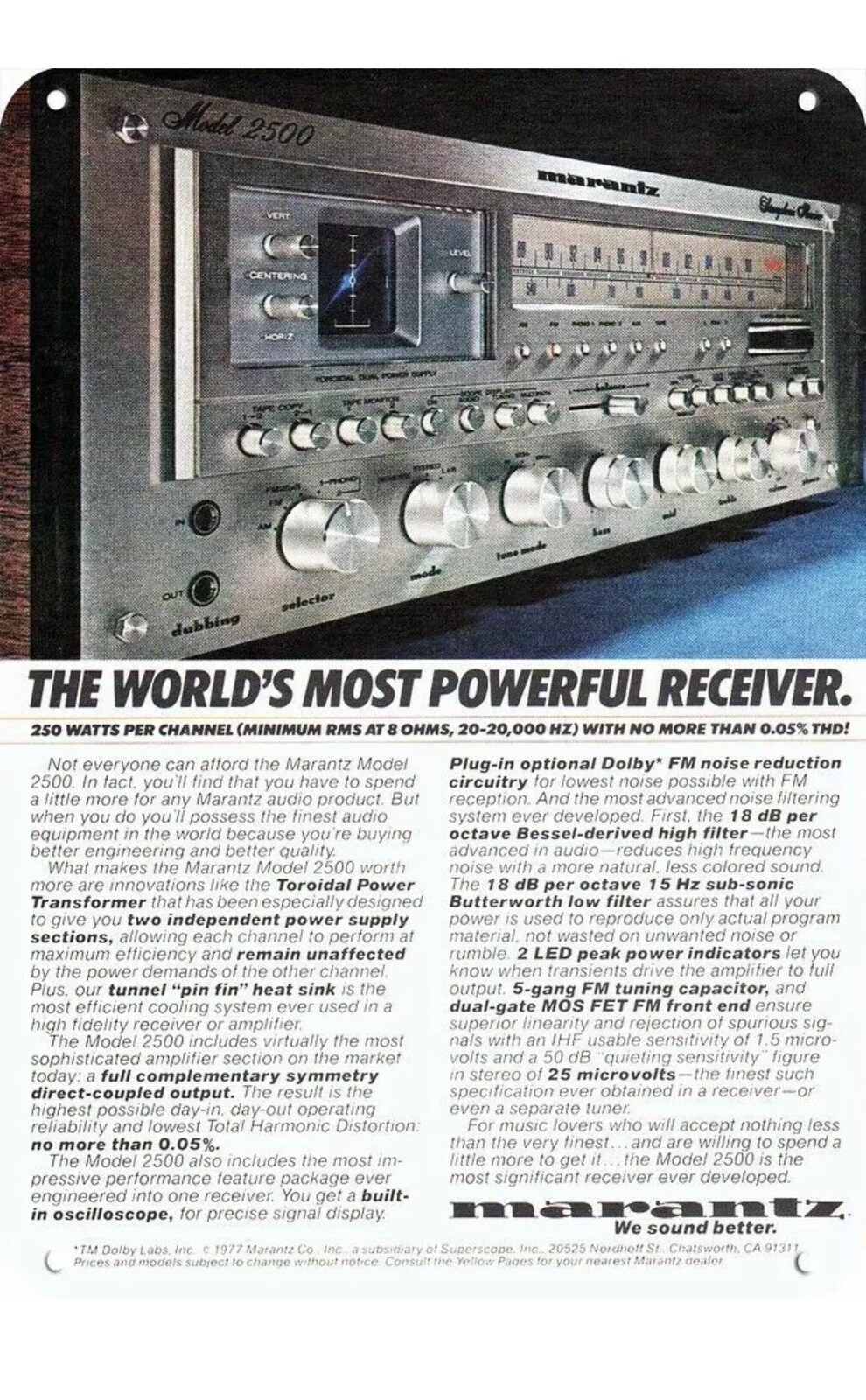 1977 MARANTZ 2500 Stereo Receiver ***** DECORATIVE REPLICA METAL SIGN *****