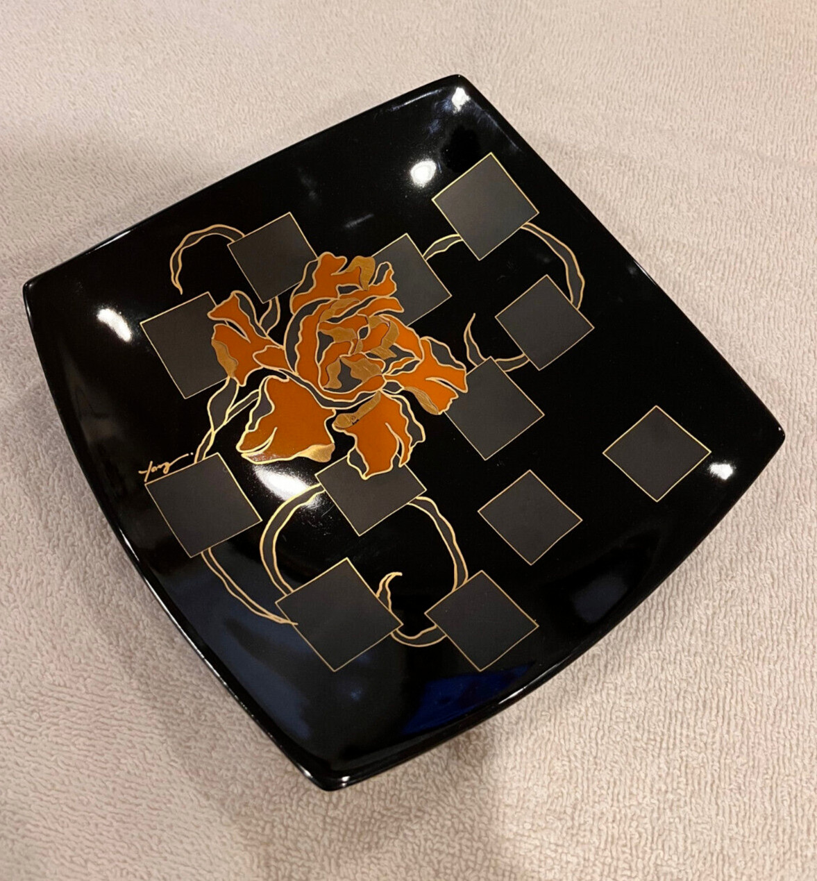 Vintage 1990s Rosenthal FROGEN YANG Asiatica Floral Black Square Porcelain Bowl