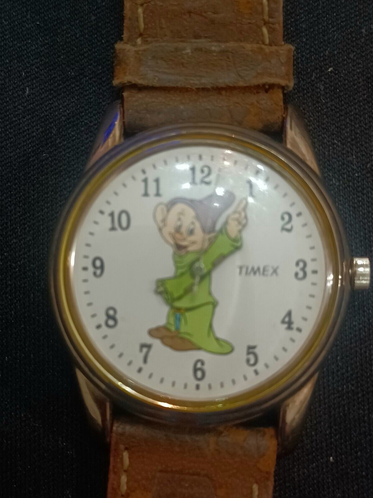 Vintage Timex Disney Dopey Watch Silver Tone Brown Leather Band 30mm