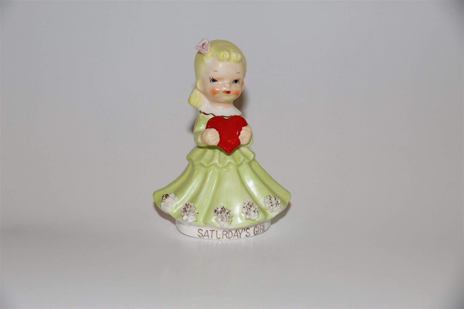 Vintage Saturday's Girl Figurine Japan Spaghetti Trim Green Dress Red Heart Vintage Saturday's Girl Figurine Japan Spaghetti Trim Green Dress Red Heart