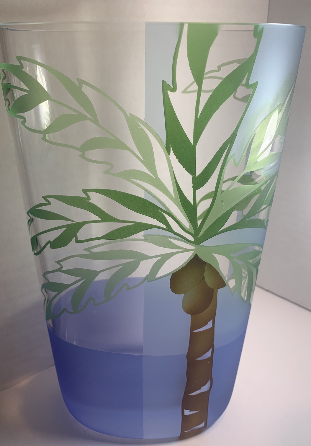 Pier One Vintage MultiToned Etched ArtGlass Palm Tree With Ocean Blue Vase 11" T Pier One Vintage MultiToned Etched ArtGlass Palm Tree With Ocean Blue Vase 11" T