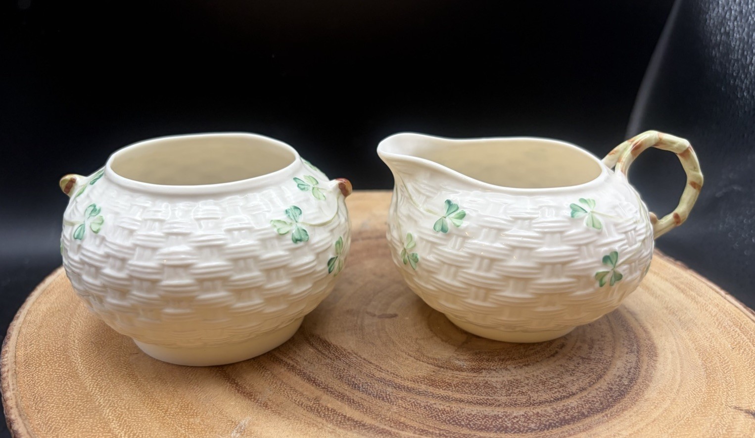 Vintage Belleek Shamrock Basketweave Creamer & Open Sugar Bowl Set 1980-93 Vintage Belleek Shamrock Basketweave Creamer & Open Sugar Bowl Set 1980-93