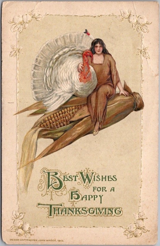 Vintage Winsch / Schmucker THANKSGIVING Postcard Indian Woman with White Turkey Vintage Winsch / Schmucker THANKSGIVING Postcard Indian Woman with White Turkey
