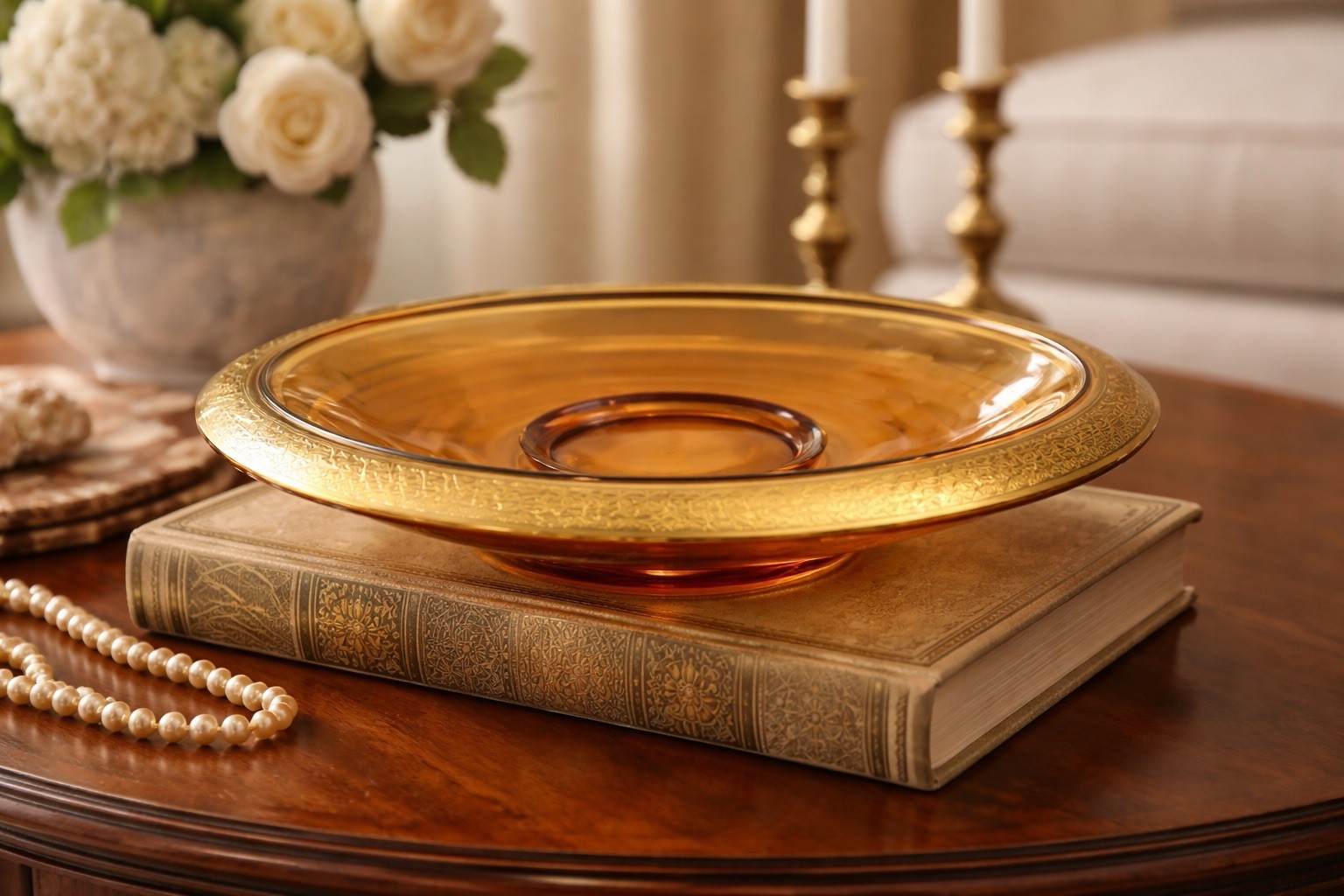 Antique Bohemian Art Deco Amber Glass Centerpiece Bowl, circa 1925–1935 Antique Bohemian Art Deco Amber Glass Centerpiece Bowl, circa 1925–1935