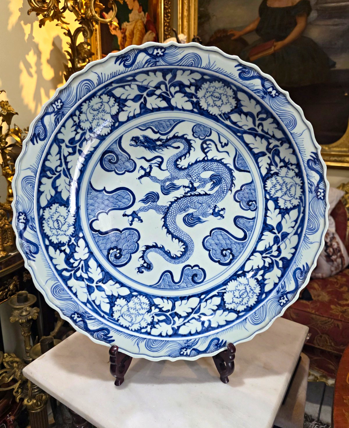 Very Large Chinese Blue White Porcelain Dragon Charger 17.8" Heavy 10 Lbs
