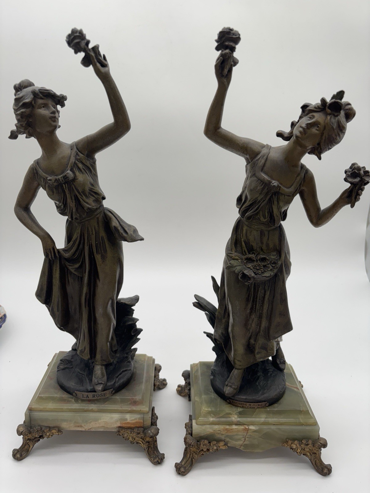 Pair of Signed Joseph Emile Nestor Carlier Bronze Sculptures Rose And Flowers Pair of Signed Joseph Emile Nestor Carlier Bronze Sculptures Rose And Flowers