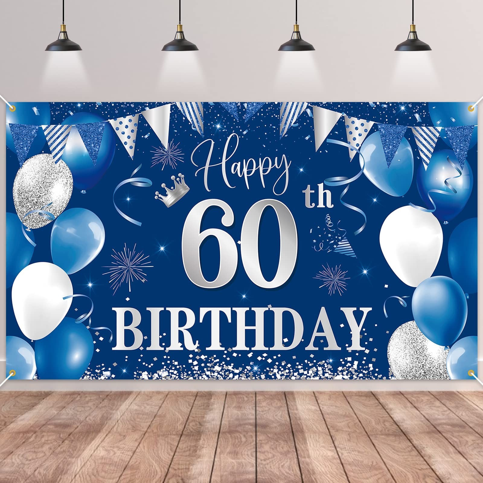 60th Birthday Banner Backdrop,BTZO Happy 60th Birthday Decorations,Blue Silve... 60th Birthday Banner Backdrop,BTZO Happy 60th Birthday Decorations,Blue Silve...