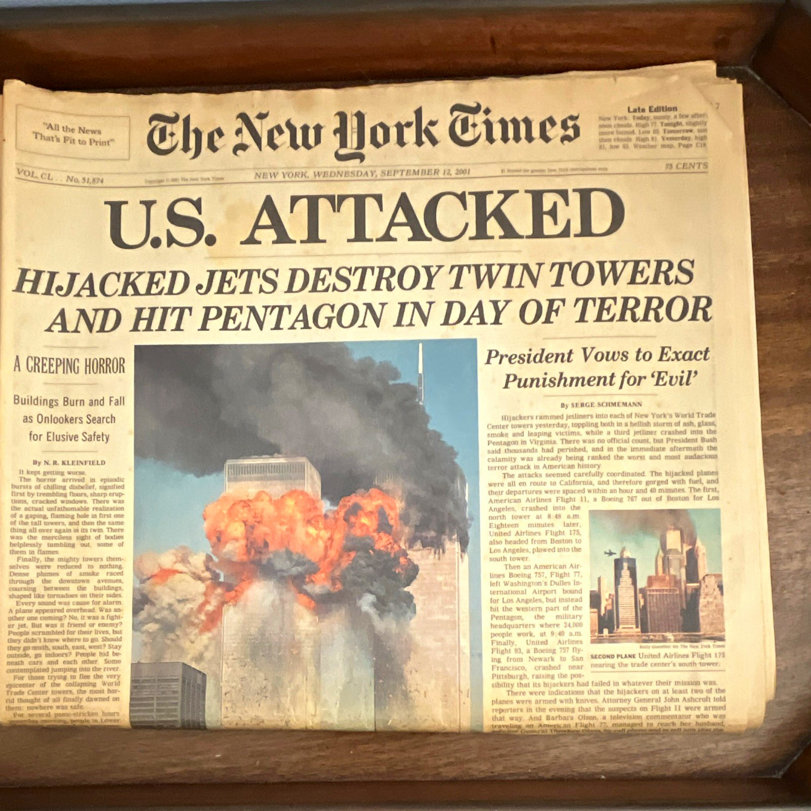 The New York Times Sept 12, 2001 Late Edition Newspaper "U.S. ATTACKED"