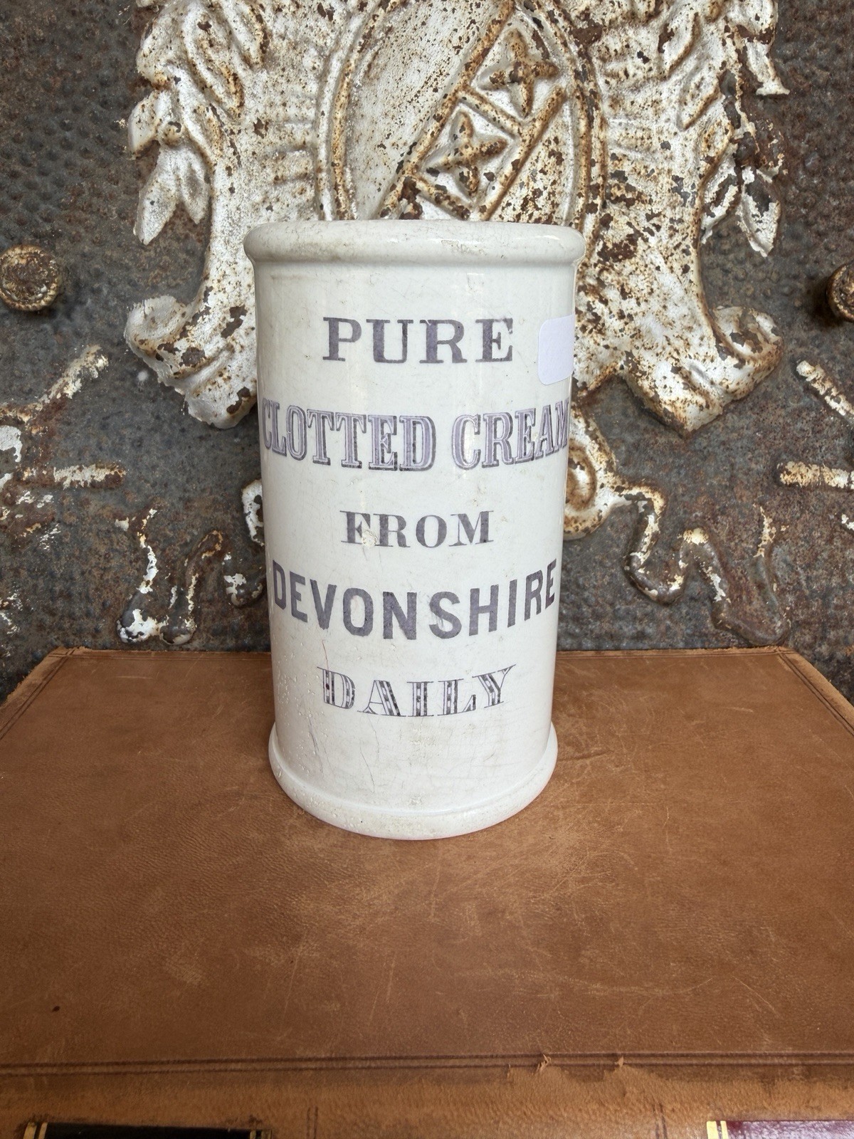 Antique Pure Clotted Cream Devonshire English Advertising Pot, c1890 Rare Purple Antique Pure Clotted Cream Devonshire English Advertising Pot, c1890 Rare Purple