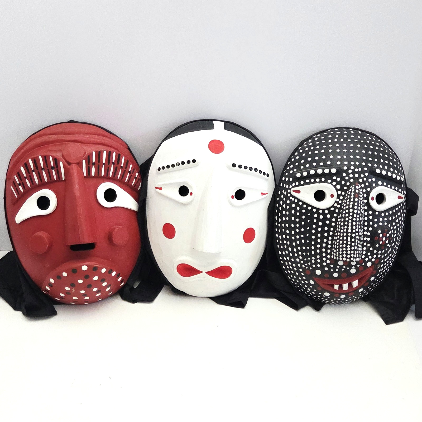 Vintage Korean Talchum Mask Lot Red White Black Carved Wood Folk Art Theater 10" Vintage Korean Talchum Mask Lot Red White Black Carved Wood Folk Art Theater 10"
