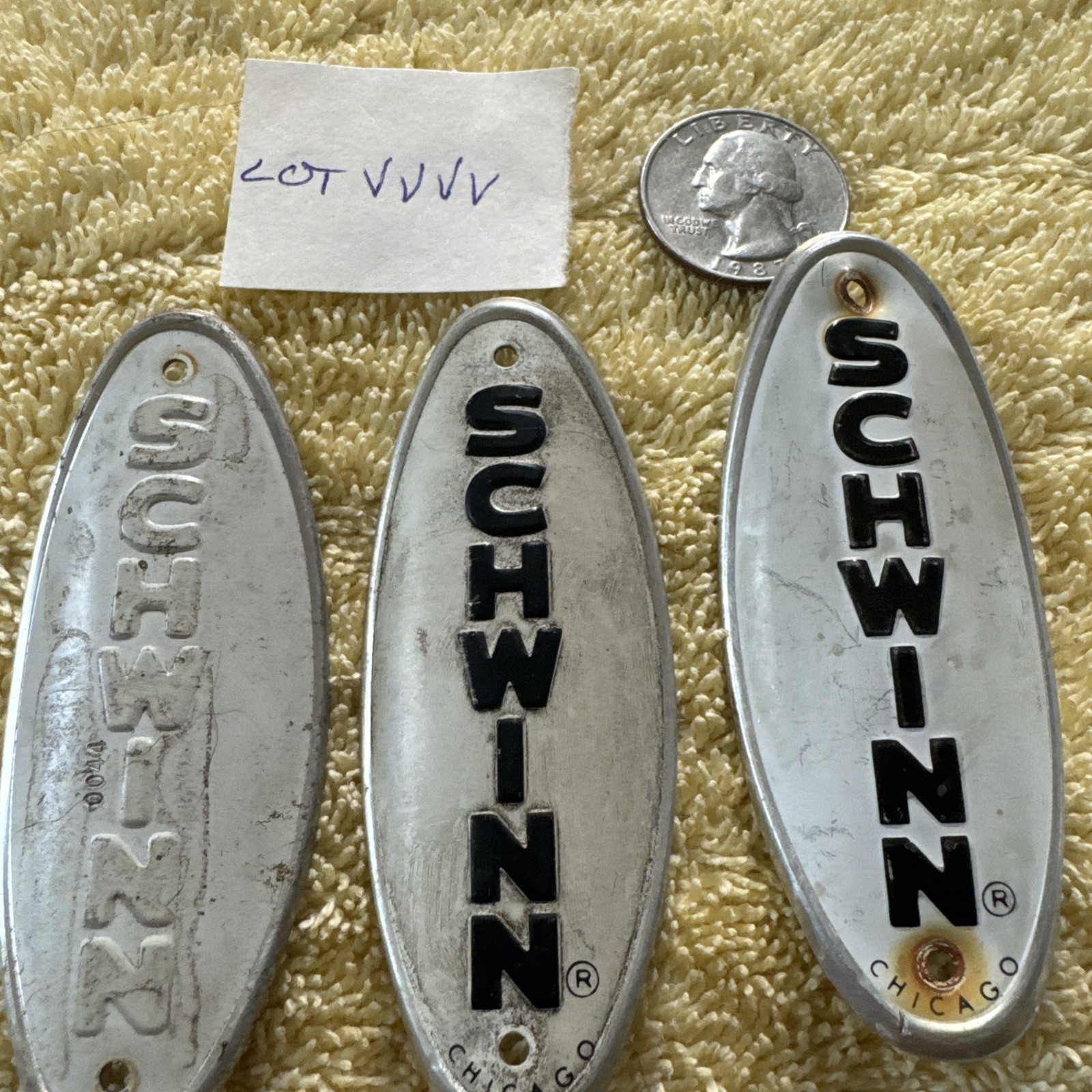 Three Vintage 1974 Schwinn Bicycle Head Badges Chicago Lot VVVV