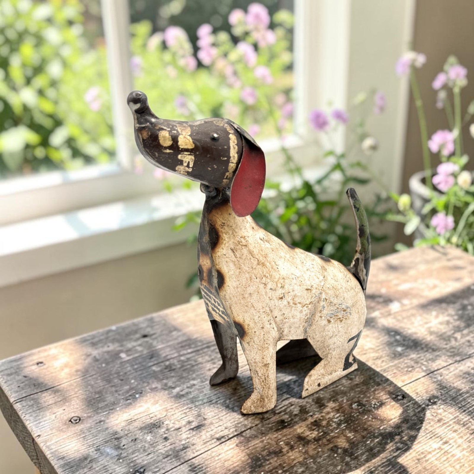 8.25" Repurposed Recycled Vintage Scrap Metal Puppy Dog Statue Home Yard Decor